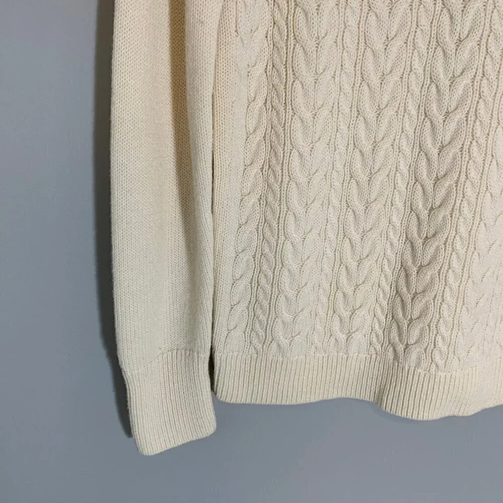 Talbots Cable Knit Sweater Women Medium Ivory V-Neck Lambswool Blend‎